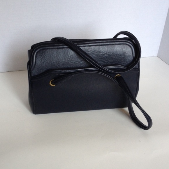 Vintage Handbags - Vintage Navy Vegan Leather bag with Clasp Closure